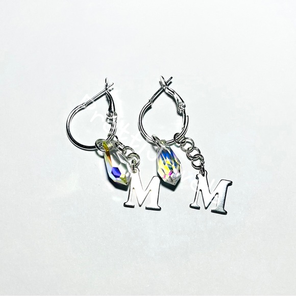 Personalizeable AB Teardrop Initial Letter Hoop Earrings - Picture 7 of 12